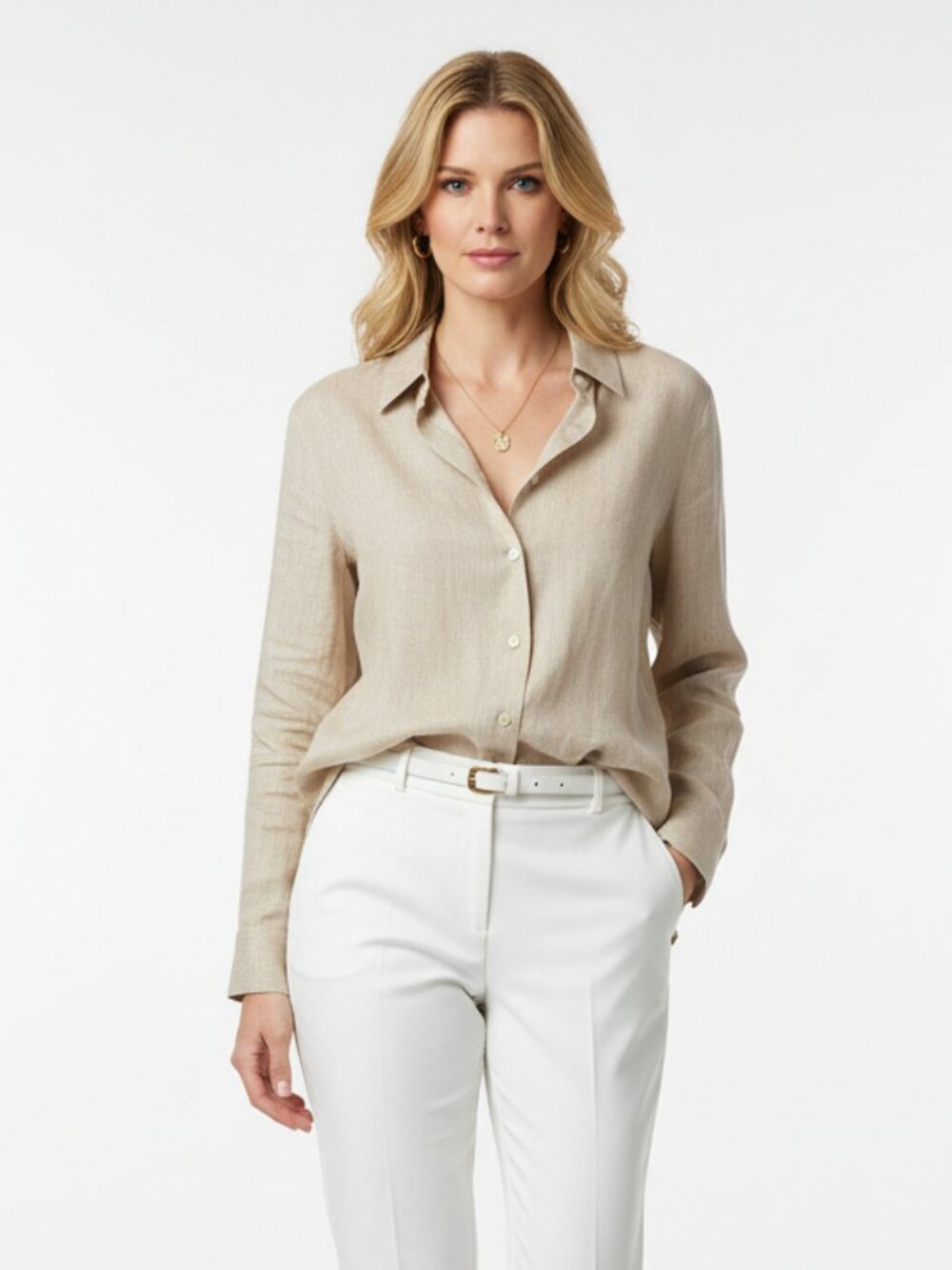Liz Claiborne 100% Linen Tan Long Sleeve Button Front Blouse Top M